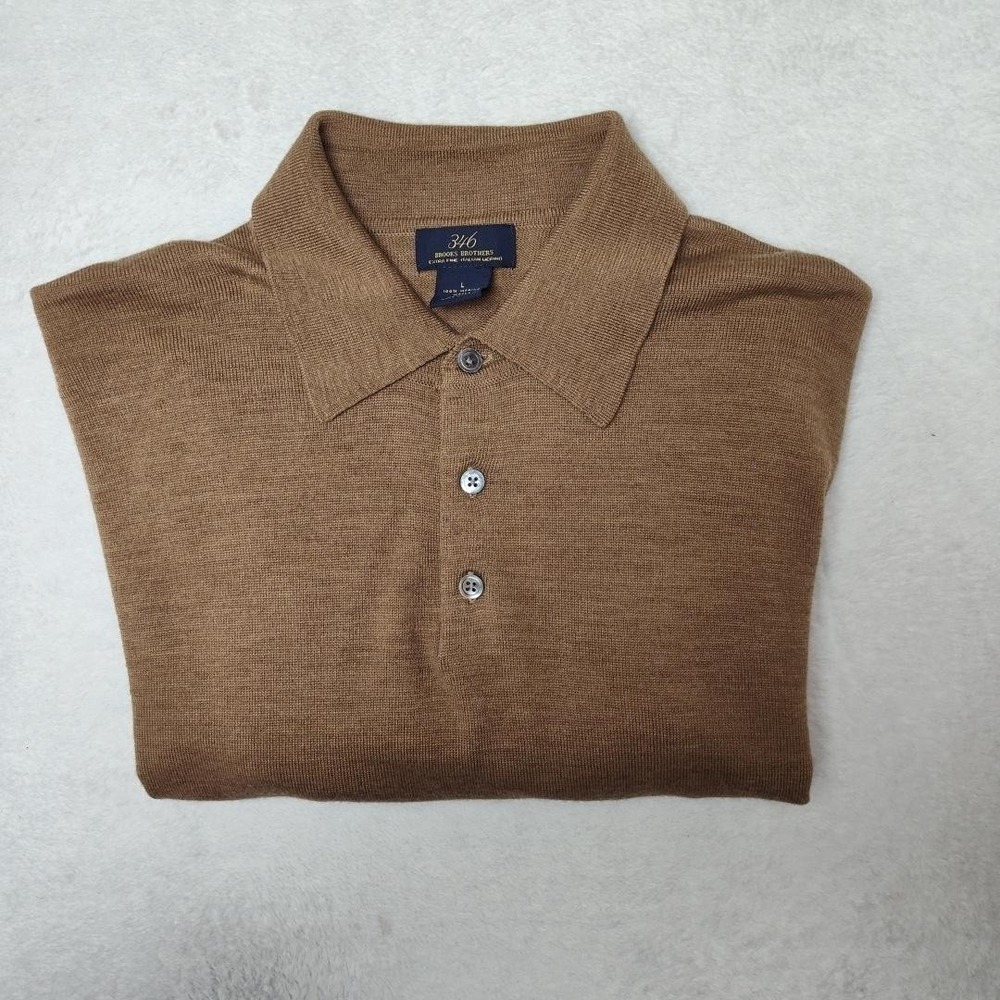 Brooks Brothers Sweater Mens Large Brown Collared Merino Wool Pullover Light